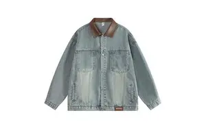 Men's Denim Jacket Leather Collar Vintage Oversized Multi Pockets Casual Streetwear Outerwear Wholesale Custom OEM