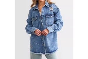 Custom Women's Washed Button Down Rhinestone Embellished Denim Jacket & Coat Loose Diamond Jean Jacket Washed Blued Denim Jacket