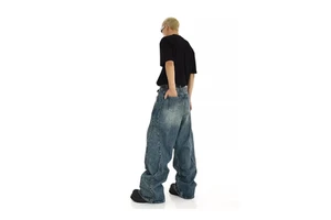 Men's Stonewashed Wide Leg Jeans Mid Waist Loose Fit Casual Denim Pants Plus Size Cotton Baggy Style