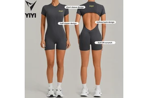 High Stretch Front Zipper Slim Fit Sports Jumpsuit Women Gym Yoga Running Workout Fitness Wear One Pieces Jumpsuit Shorts
