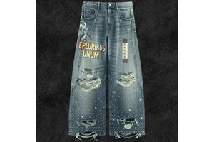 Heavyweight 450gsm Rhinestone Distressed Embroidery Men's Pants & Trousers For Men With Custom Graphic Print Baggy Denim Jeans
