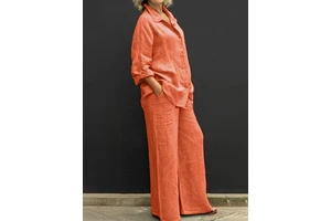 New Wholesale Women's Dress Spring Summer Casual Urban Plus Size Suit Two Piece Set Pleated Solid Pattern Shirt Pants Clothes
