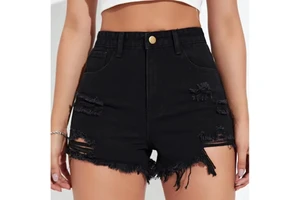Women's 100% Cotton High Waist Straight Leg Black Distressed Ripped Denim Shorts Breathable Casual Sexy Club Style Jeans Custom
