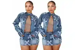 Spring New Denim Skirt Suit Denim Embroidery Skirt Jacket Suit