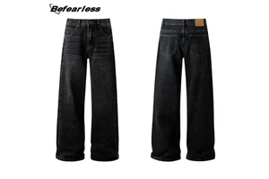 High Quality Men's Black Straight Denim Jeans Long Pants Washed Vintage Style Loose Straight-Leg Men's Casual Jeans Trousers