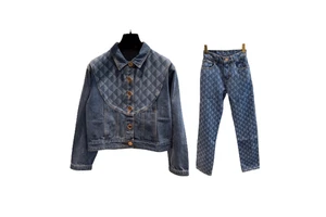 Women's Breathable Embroidery Diamond Quilted Denim Jacket Jeans Set Blue Spring Vacation Style Distressed Wash Two-Piece Short