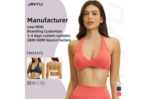 Custom Women Deep V Halter Sports Bra Toxin Free Fabric Removable Pads Slim Fit Yoga Gym Running Active Wear Bra