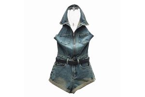Hot Spring New Women's Denim Jumpsuit Zipper Backless Belt Wide Leg Hollow Out Cuffs Mid Waist Playsuit Sweet Style Summer