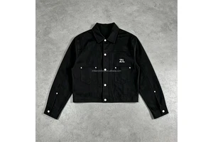Men's Oversized Streetwear Cropped Denim Jacket Black Cotton Twill Button-Up Stand Embroidered Logo Casual Workwear Eco-Friendly