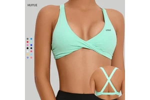 Custom Nylon Spandex High Stretchy Seamless V Neck Front Twist Fitness Yoga Bra Top Moisture-Wicking Cross Back Gym Sports Bra