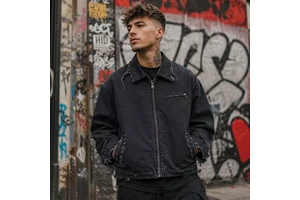 Custom Men's Denim Jackets for Men Black Street Wear Denim Jacket Zip up
