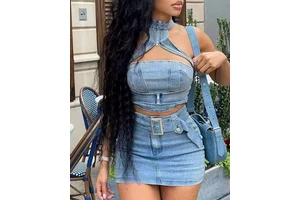 New High Quality Women's Denim Suit Sexy Crop Top Mini A-Line Skirt Acid Wash Faded Denim Women Set Two-Piece Set
