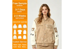 Wholesale Women's Beige Washed Varsity Jacket Custom Chenille Patches Leather Sleeve Vintage Baseball Jacket