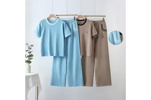Cross-border 2026 Women's Summer Casual Knit Set Embroidered Wide-Leg Pants Slimming Concealing Two-Piece Outfit