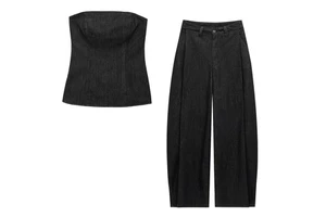 Women's Denim Two Piece Sets Custom Slim Denim Set Wrapped Top Vest Casual Denim Pleated Pants Women's Cowboy Suit