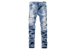 Men fashion holes ripped bigger pants casual patch painted patchwork slim straight denim jeans long trousers