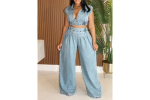 European and American Women's Summer Denim Suit Sexy Sleeveless Two-piece Loose Straight Tube Set