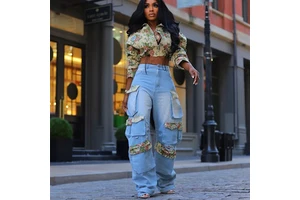 New Fashion Fall Winter Matching Patchwork Crop Floral Jacket Cargo Denim Jeans 2 Two-Piece Suit Top and Pant Women's Denim Sets