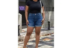 Women's Summer Casual High Waist Denim Shorts Dark Blue High-Stretch Cuffed Hem Jean Shorts With Pockets for Beach&Vacation