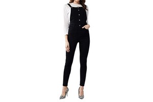 Customized Women's Black Denim Overalls High Waist Skinny Fit Full Length Solid Color Button Front Casual Style Spring Wear
