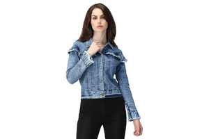 Women's Stylish Blue Quilted Denim Jacket Oversized Cropped Fashionable Ripped Jean Coat Buttons Casual Lightweight OEM Design