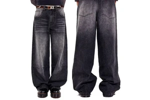 Men's Streetwear Baggy Denim Jean Trousers Custom Loose & Oversize Vintage Skate Fit Pant with Mid Waist Faded Black-Plus Size