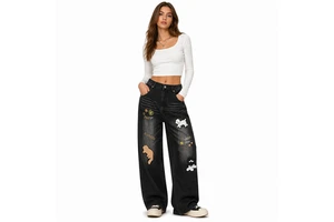 90s Retro Y2K Breathable Straight Denim Jeans With Cute Puppy Kitty Chenille Appliques