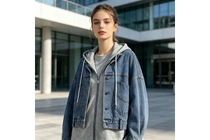 Women's Two-Piece-Style Denim Jacket Hooded Sweatshirt Patchwork Oversized Denim Jacket Customizable