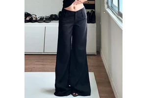 Low Rise Wide Leg Pants Women Solid Color Street Style Loose Fit Woven Trousers Casual Chic Long Pants