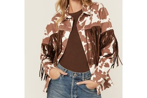 LARSUR Custom Factory Denim Jacket with Suede Fringe Tassel Cow Printed Distress Wash Button up Long Sleeves Jean Jacket Women