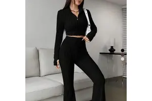 Casual 2-Piece Women's Solid Breathable Seamless Knitted Long Sleeve Yoga Top Wide-leg Pants Fitness Workout Stretch Slim Sports