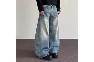 American High Street Cleanfit Bamboo Distressed Men 2025 Spring Straight Flared Long Trousers Adult Oversized Washed Long Jeans