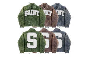 Customized Factory Street Jacket with Acid Pickling, Oversized Embroidery, Rhinestones for Aging, Torn Open Men's Denim Jacket