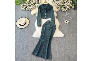 Casual Women'S Set Vintage Denim Suit Slim Short Jacket Fishtail Skirt Two-Piece Set