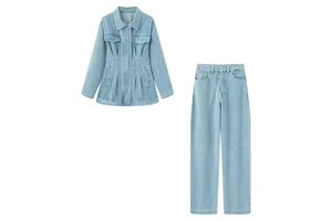 Women's Solid Casual Spring Denim Two-Piece Set with Button Lapel Neck Jacket and Daily Wear Jeans