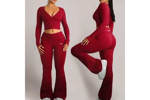 Custom Activewear Yoga Set For Women Long Sleeve V Neck Crop Top Foldover Waist Flare Leggings Two Piece Gym Workout Clothes Set