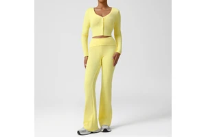SM2556 Women Two Pieces V-Neck Ribbed Yoga Long Sleeve Top With Buttons High Waisted Yoga Flare Pants Running Sport Yoga Sets