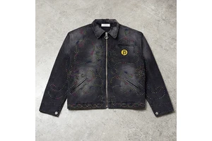 Custom Factory Men's Heavy Duck Canvas Denim Carpenter Work Jacket with Rhinestone Zipper Front Logo High Street Style