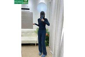Casual Dark Blue Fitted Long Sleeve Knit Top Straight Leg Denim Pants Two Piece Women's Jean Outfit Set for Daily Wear