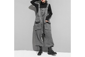Autumn New Women's High-Waisted Washed Denim Suspender Pants Stylish Drop-Crotch Loose Cargo Jumpsuit