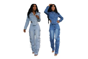 Autumn Ladies High Waist Plus Size Cargo Jeans Two Piece Sets Newly Arrived Women Multi-Pocket Casual Washed Denim Suit