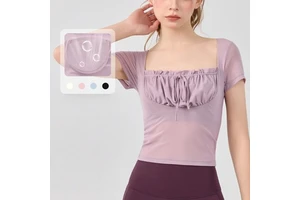 Hot Selling Square Neck Mesh Womens Top Fashion Tie Design Yoga Top Quick Dry with Chest Pad Sports Top
