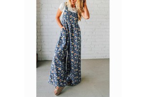 New Arrival Rose Print Denim Overalls Women Wide Leg Relaxed Fit Large Pocket Vintage Chic Jumpsuit