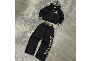 Custom Tracksuit Reversible Zip Up Camo Cropped Oversized Screen Print Hoodie Double Waist Jogging Suit Sweatpants Sweat Suit