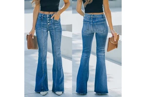 2025 New Arrival Fashion Casual Distressed Denim Pants Stretch Slim Fitting Wash Button up Flare Jeans for Women
