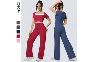 Wholesale Halter Neck Yoga Set Women Short Sleeve Sports Top Padded Naked Feeling Wide Leg Pants Fitness Set