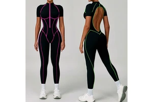 2025 New Women's Yoga Onessuit High Strength Fitness Deep V Short Sleeve Top Yoga Pants Sports Zip Bra Jumpsuit Gym Bodysuit