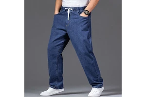 Comfortable Men's Casual Denim Pants High Stretch Elastic Waistband Plus Size Jeans Straight Cut Soft Cotton Blend Trousers