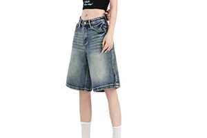 Women's Vintage American Mid Waist Straight Loose Fit Eco-Friendly Color Fade Proof Polyester/Cotton Solid Denim Shorts-Summer