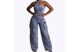 Women One Shoulder Cargo Denim Jumpsuit Wide Leg One Piece Streetwear Sleeveless High Waist Vintage Washed Jean Romper